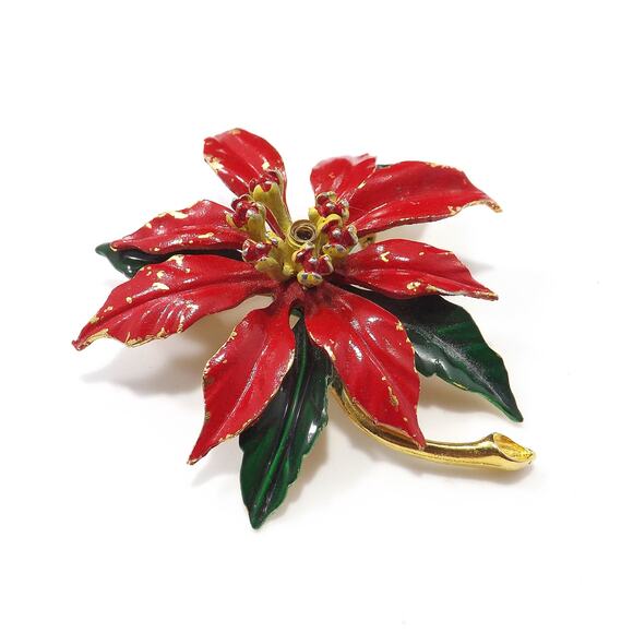 Weiss Poinsettia Brooch, Gold Plated Red Enamel, 1950s Vintage Jewelry - Picture 8 of 10